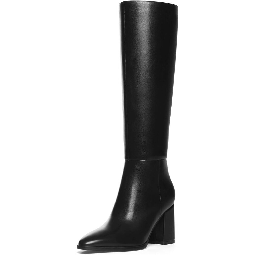 Women's Black Classic Chunky Heel Pointed Toe High Heel Side Zipper Tall Boot